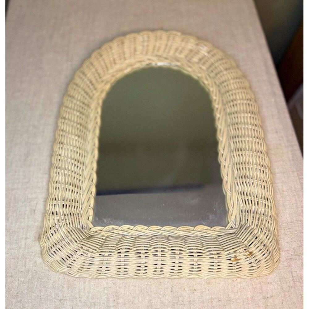 Vintage Arched Wicker Rattan Wall Mirror Cream English Cottage Boho Decor